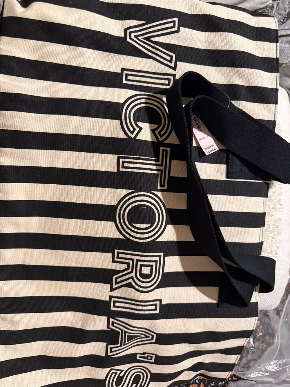 Victoria's Secret Black and Cream Striped Canvas Tote